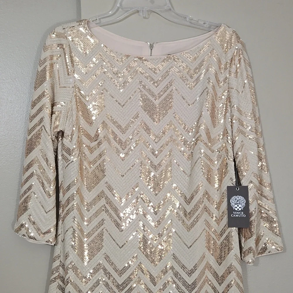 Vince Camuto Gold & Cream Sequin Chevron Dress Size 12 NWT - Picture 2 of 7